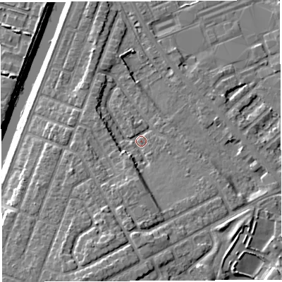 Shaded relief map of the ground around WA46RA, computed from Environment Agency LiDAR. The ground here sits at about 8 m above sea level and falls 11 m across the surrounding 800 m. Surface water reaching this point runs off ground lying to the south, 5.2 m higher.