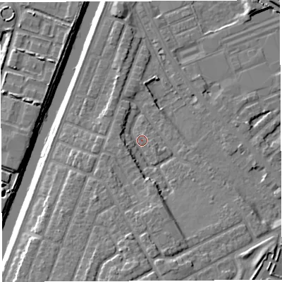 Shaded relief map of the ground around WA46RB, computed from Environment Agency LiDAR. The ground here sits at about 8 m above sea level and falls 10 m across the surrounding 800 m. Surface water reaching this point runs off ground lying to the south, 5.3 m higher.