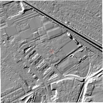 Shaded relief map of the ground around WA46RD, computed from Environment Agency LiDAR. The ground here sits at about 7 m above sea level and falls 10 m across the surrounding 800 m. Surface water reaching this point runs off ground lying to the north-north-east, 0.5 m higher.