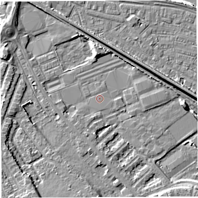 Shaded relief map of the ground around WA46RF, computed from Environment Agency LiDAR. The ground here sits at about 7 m above sea level and falls 10 m across the surrounding 800 m. Surface water reaching this point runs off ground lying to the south-south-east, 3.6 m higher.