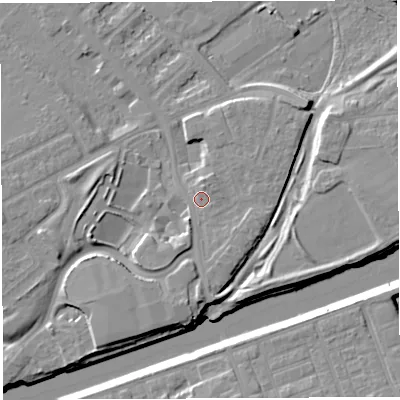 Shaded relief map of the ground around WA46RS, computed from Environment Agency LiDAR. The ground here sits at about 9 m above sea level and falls 9 m across the surrounding 800 m. Surface water reaching this point runs off ground lying to the south, 4.2 m higher.