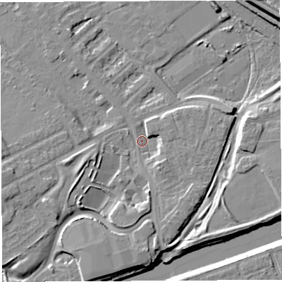 Shaded relief map of the ground around WA46RU, computed from Environment Agency LiDAR. The ground here sits at about 7 m above sea level and falls 11 m across the surrounding 800 m. Surface water reaching this point runs off ground lying to the south, 5.5 m higher.