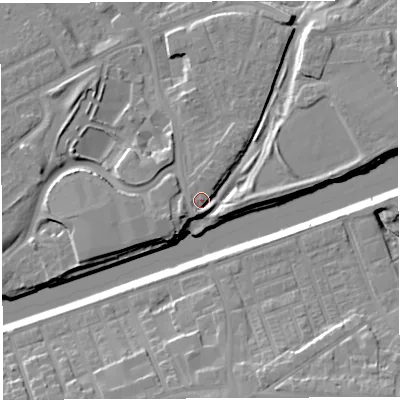 Shaded relief map of the ground around WA46RW, computed from Environment Agency LiDAR. The ground here sits at about 11 m above sea level and falls 14 m across the surrounding 800 m. Surface water reaching this point runs off ground lying to the south-south-west, 4.3 m higher.