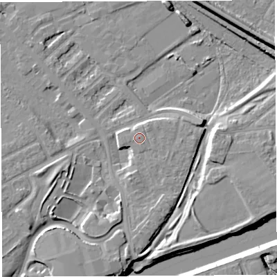 Shaded relief map of the ground around WA46RX, computed from Environment Agency LiDAR. The ground here sits at about 9 m above sea level and falls 11 m across the surrounding 800 m. Surface water reaching this point runs off ground lying to the north-east, 0.7 m higher.
