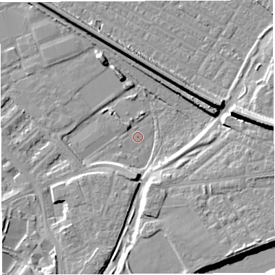 Shaded relief map of the ground around WA46RZ, computed from Environment Agency LiDAR. The ground here sits at about 6 m above sea level and falls 14 m across the surrounding 800 m. Surface water reaching this point runs off ground lying to the north-east, 10.4 m higher.