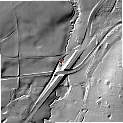 Shaded relief map of the ground around WA46TN, computed from Environment Agency LiDAR. The ground here sits at about 19 m above sea level and falls 31 m across the surrounding 800 m. Surface water reaching this point runs off ground lying to the east-south-east, 25.8 m higher.