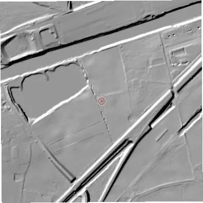 Shaded relief map of the ground around WA46TT, computed from Environment Agency LiDAR. The ground here sits at about 14 m above sea level and falls 20 m across the surrounding 800 m. Surface water reaching this point runs off ground lying to the south-east, 3.3 m higher.