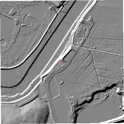 Shaded relief map of the ground around WA46YZ, computed from Environment Agency LiDAR. The ground here sits at about 13 m above sea level and falls 25 m across the surrounding 800 m. Surface water reaching this point runs off ground lying to the north, 4.9 m higher.