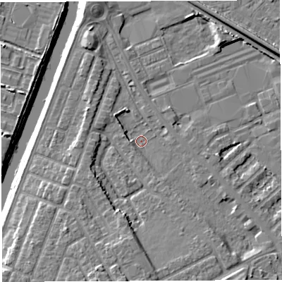 Shaded relief map of the ground around WA46ZD, computed from Environment Agency LiDAR. The ground here sits at about 6 m above sea level and falls 9 m across the surrounding 800 m. Surface water reaching this point runs off ground lying to the south-south-east, 4.4 m higher.