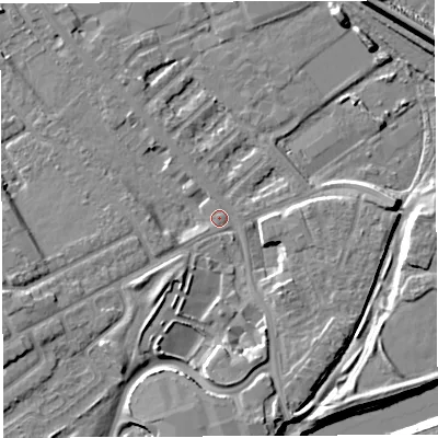 Shaded relief map of the ground around WA46ZE, computed from Environment Agency LiDAR. The ground here sits at about 8 m above sea level and falls 10 m across the surrounding 800 m. Surface water reaching this point runs off ground lying to the south, 5.6 m higher.