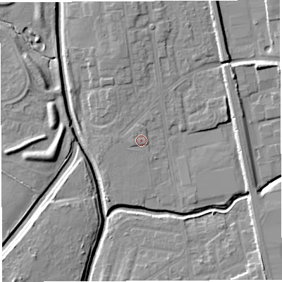 Shaded relief map of the ground around WA50BS, computed from Environment Agency LiDAR. The ground here sits at about 9 m above sea level and falls 7 m across the surrounding 800 m. Surface water reaching this point runs off ground lying to the west, 0.9 m higher.