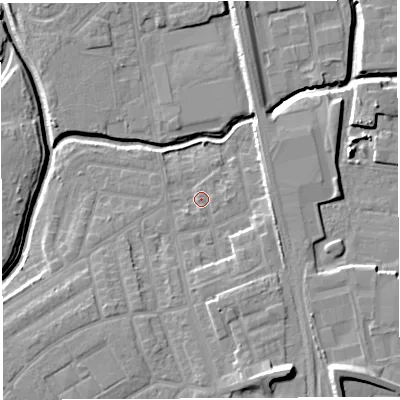 Shaded relief map of the ground around WA50DH, computed from Environment Agency LiDAR. The ground here sits at about 10 m above sea level and falls 12 m across the surrounding 800 m. Surface water reaching this point runs off ground lying to the south, 0.7 m higher.