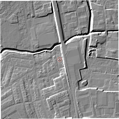 Shaded relief map of the ground around WA50DJ, computed from Environment Agency LiDAR. The ground here sits at about 9 m above sea level and falls 10 m across the surrounding 800 m. Surface water reaching this point runs off ground lying to the south-south-east, 4.7 m higher.