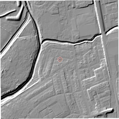 Shaded relief map of the ground around WA50DP, computed from Environment Agency LiDAR. The ground here sits at about 9 m above sea level and falls 12 m across the surrounding 800 m. Surface water reaching this point runs off ground lying to the south-south-west, 1.3 m higher.