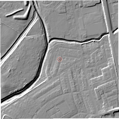 Shaded relief map of the ground around WA50DR, computed from Environment Agency LiDAR. The ground here sits at about 9 m above sea level and falls 12 m across the surrounding 800 m. Surface water reaching this point runs off ground lying to the south-south-west, 1.6 m higher.