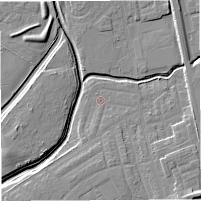 Shaded relief map of the ground around WA50DS, computed from Environment Agency LiDAR. The ground here sits at about 9 m above sea level and falls 11 m across the surrounding 800 m. Surface water reaching this point runs off ground lying to the south, 3.3 m higher.