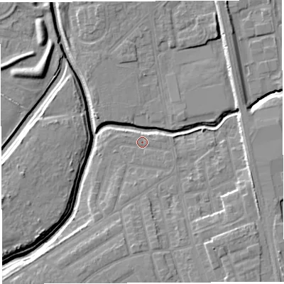 Shaded relief map of the ground around WA50DU, computed from Environment Agency LiDAR. The ground here sits at about 9 m above sea level and falls 8 m across the surrounding 800 m. Surface water reaching this point runs off ground lying to the south-east, 0.9 m higher.