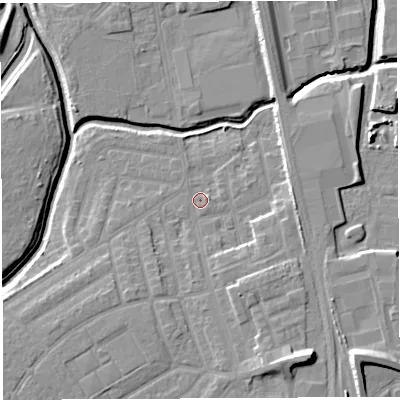 Shaded relief map of the ground around WA50DW, computed from Environment Agency LiDAR. The ground here sits at about 9 m above sea level and falls 12 m across the surrounding 800 m. Surface water reaching this point runs off ground lying to the south-south-east, 4.0 m higher.