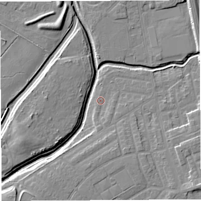 Shaded relief map of the ground around WA50DX, computed from Environment Agency LiDAR. The ground here sits at about 9 m above sea level and falls 9 m across the surrounding 800 m. Surface water reaching this point runs off ground lying to the south, 3.3 m higher.