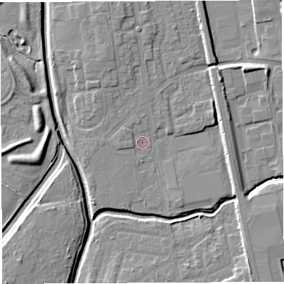 Shaded relief map of the ground around WA50DY, computed from Environment Agency LiDAR. The ground here sits at about 8 m above sea level and falls 7 m across the surrounding 800 m. Surface water reaching this point runs off ground lying to the north-north-west, 3.7 m higher.