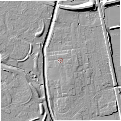 Shaded relief map of the ground around WA50DZ, computed from Environment Agency LiDAR. The ground here sits at about 11 m above sea level and falls 12 m across the surrounding 800 m. Surface water reaching this point runs off ground lying to the east-south-east, 1.5 m higher.