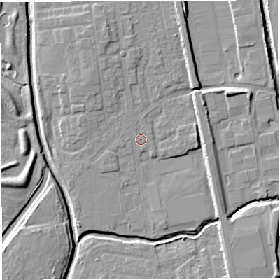 Shaded relief map of the ground around WA50EG, computed from Environment Agency LiDAR. The ground here sits at about 9 m above sea level and falls 7 m across the surrounding 800 m. Surface water reaching this point runs off ground lying to the north, 0.6 m higher.