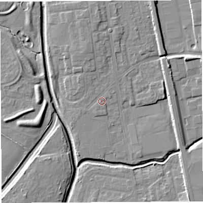 Shaded relief map of the ground around WA50EH, computed from Environment Agency LiDAR. The ground here sits at about 9 m above sea level and falls 7 m across the surrounding 800 m. Surface water reaching this point runs off ground lying to the north-north-west, 2.9 m higher.