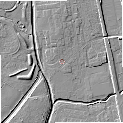Shaded relief map of the ground around WA50EJ, computed from Environment Agency LiDAR. The ground here sits at about 9 m above sea level and falls 7 m across the surrounding 800 m. Surface water reaching this point runs off ground lying to the south-south-east, 0.7 m higher.