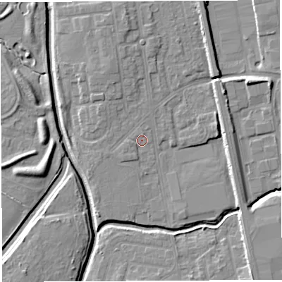 Shaded relief map of the ground around WA50EL, computed from Environment Agency LiDAR. The ground here sits at about 9 m above sea level and falls 7 m across the surrounding 800 m. Surface water reaching this point runs off ground lying to the north-north-west, 3.7 m higher.