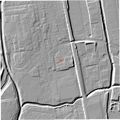 Shaded relief map of the ground around WA50EN, computed from Environment Agency LiDAR. The ground here sits at about 9 m above sea level and falls 9 m across the surrounding 800 m. Surface water reaching this point runs off ground lying to the east, 1.0 m higher.