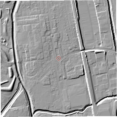 Shaded relief map of the ground around WA50ER, computed from Environment Agency LiDAR. The ground here sits at about 9 m above sea level and falls 7 m across the surrounding 800 m. Surface water reaching this point runs off ground lying to the north-west, 2.8 m higher.