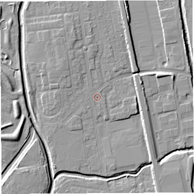 Shaded relief map of the ground around WA50ES, computed from Environment Agency LiDAR. The ground here sits at about 9 m above sea level and falls 7 m across the surrounding 800 m. Surface water reaching this point runs off ground lying to the north-west, 2.6 m higher.