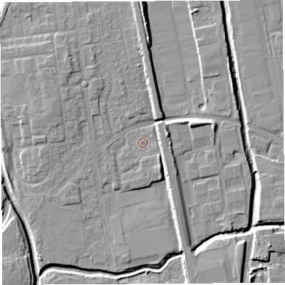 Shaded relief map of the ground around WA50EZ, computed from Environment Agency LiDAR. The ground here sits at about 9 m above sea level and falls 9 m across the surrounding 800 m. Surface water reaching this point runs off ground lying to the south-south-east, 0.8 m higher.
