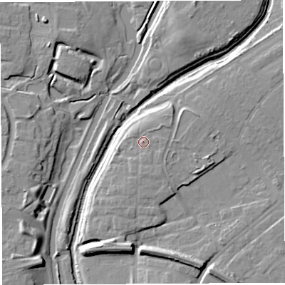 Shaded relief map of the ground around WA50FL, computed from Environment Agency LiDAR. The ground here sits at about 13 m above sea level and falls 12 m across the surrounding 800 m. Surface water reaching this point runs off ground lying to the south-south-east, 1.7 m higher.