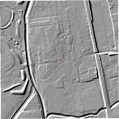 Shaded relief map of the ground around WA50HA, computed from Environment Agency LiDAR. The ground here sits at about 10 m above sea level and falls 7 m across the surrounding 800 m. Surface water reaching this point runs off ground lying to the north-west, 1.9 m higher.