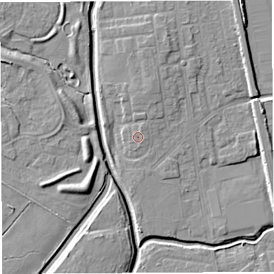 Shaded relief map of the ground around WA50HD, computed from Environment Agency LiDAR. The ground here sits at about 10 m above sea level and falls 7 m across the surrounding 800 m. Surface water reaching this point runs off ground lying to the north-north-east, 1.2 m higher.