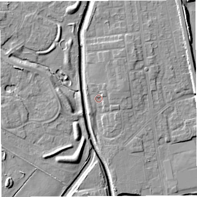 Shaded relief map of the ground around WA50HE, computed from Environment Agency LiDAR. The ground here sits at about 9 m above sea level and falls 7 m across the surrounding 800 m. Surface water reaching this point runs off ground lying to the north-east, 3.1 m higher.