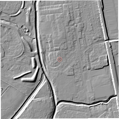 Shaded relief map of the ground around WA50HF, computed from Environment Agency LiDAR. The ground here sits at about 10 m above sea level and falls 7 m across the surrounding 800 m. Surface water reaching this point runs off ground lying to the north, 0.9 m higher.