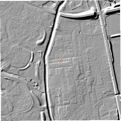 Shaded relief map of the ground around WA50HJ, computed from Environment Agency LiDAR. The ground here sits at about 10 m above sea level and falls 12 m across the surrounding 800 m. Surface water reaching this point runs off ground lying to the east-south-east, 2.0 m higher.