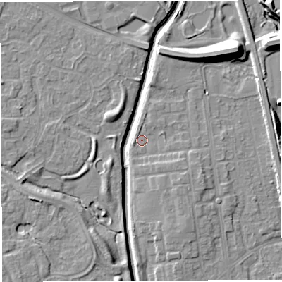Shaded relief map of the ground around WA50HL, computed from Environment Agency LiDAR. The ground here sits at about 9 m above sea level and falls 12 m across the surrounding 800 m. Surface water reaching this point runs off ground lying to the east-south-east, 2.2 m higher.