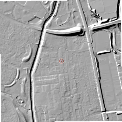 Shaded relief map of the ground around WA50HN, computed from Environment Agency LiDAR. The ground here sits at about 9 m above sea level and falls 12 m across the surrounding 800 m. Surface water reaching this point runs off ground lying to the south, 1.0 m higher.