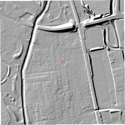 Shaded relief map of the ground around WA50HT, computed from Environment Agency LiDAR. The ground here sits at about 9 m above sea level and falls 12 m across the surrounding 800 m. Surface water reaching this point runs off ground lying to the south-south-west, 2.4 m higher.