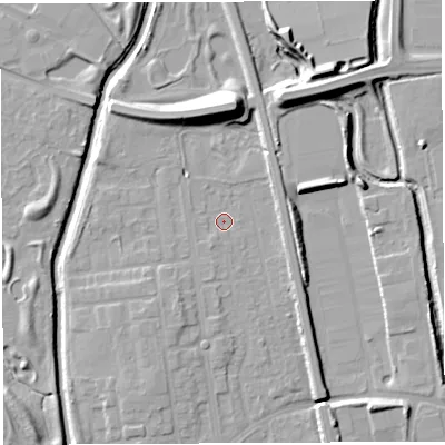 Shaded relief map of the ground around WA50HU, computed from Environment Agency LiDAR. The ground here sits at about 9 m above sea level and falls 12 m across the surrounding 800 m. Surface water reaching this point runs off ground lying to the south-south-west, 2.9 m higher.