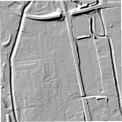 Shaded relief map of the ground around WA50HX, computed from Environment Agency LiDAR. The ground here sits at about 9 m above sea level and falls 12 m across the surrounding 800 m. Surface water reaching this point runs off ground lying to the west, 0.8 m higher.