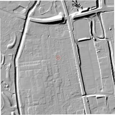 Shaded relief map of the ground around WA50HY, computed from Environment Agency LiDAR. The ground here sits at about 9 m above sea level and falls 12 m across the surrounding 800 m. Surface water reaching this point runs off ground lying to the north-west, 0.6 m higher.