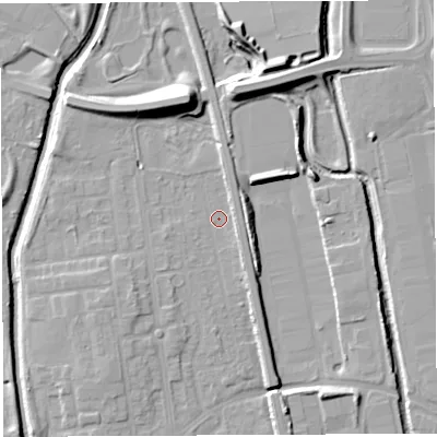 Shaded relief map of the ground around WA50HZ, computed from Environment Agency LiDAR. The ground here sits at about 9 m above sea level and falls 12 m across the surrounding 800 m. Surface water reaching this point runs off ground lying to the north-north-west, 10.6 m higher.