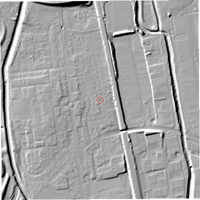 Shaded relief map of the ground around WA50JA, computed from Environment Agency LiDAR. The ground here sits at about 9 m above sea level and falls 11 m across the surrounding 800 m. Surface water reaching this point runs off ground lying to the west-north-west, 2.9 m higher.