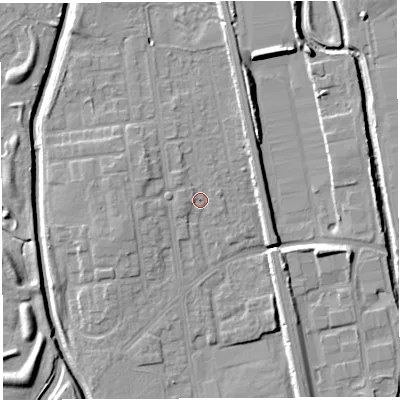 Shaded relief map of the ground around WA50JB, computed from Environment Agency LiDAR. The ground here sits at about 9 m above sea level and falls 8 m across the surrounding 800 m. Surface water reaching this point runs off ground lying to the north-west, 2.6 m higher.