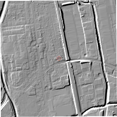 Shaded relief map of the ground around WA50JF, computed from Environment Agency LiDAR. The ground here sits at about 9 m above sea level and falls 9 m across the surrounding 800 m. Surface water reaching this point runs off ground lying to the north-north-east, 7.2 m higher.