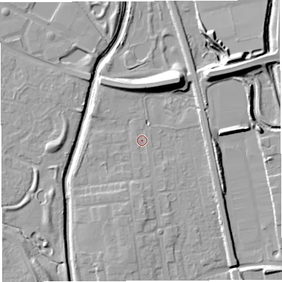 Shaded relief map of the ground around WA50JL, computed from Environment Agency LiDAR. The ground here sits at about 9 m above sea level and falls 12 m across the surrounding 800 m. Surface water reaching this point runs off ground lying to the north-north-west, 4.4 m higher.